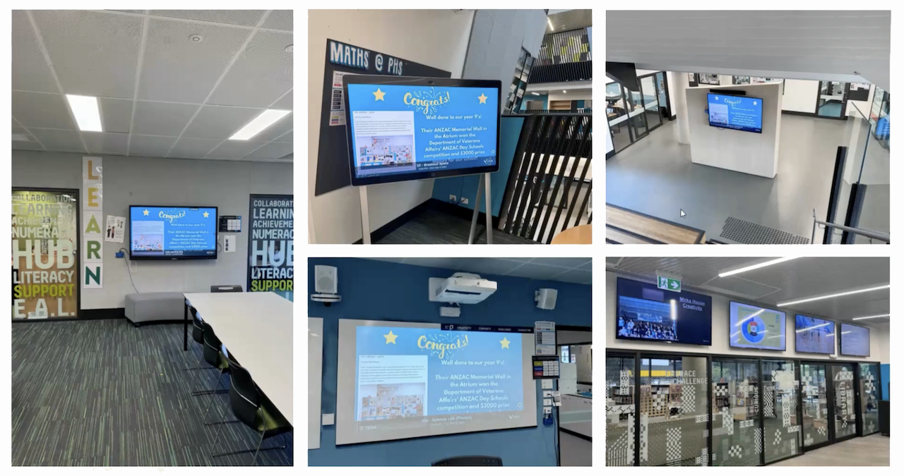 A collage of screens with digital signage across a school campus. 